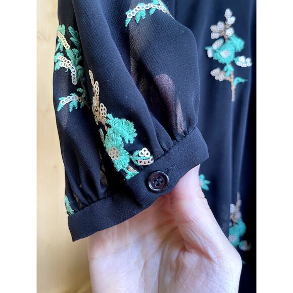 Sandro Paris Embroidered Faux Wrap Midi Black Ruffled Dress Size 1 Small FR 36 - Picture 6 of 12